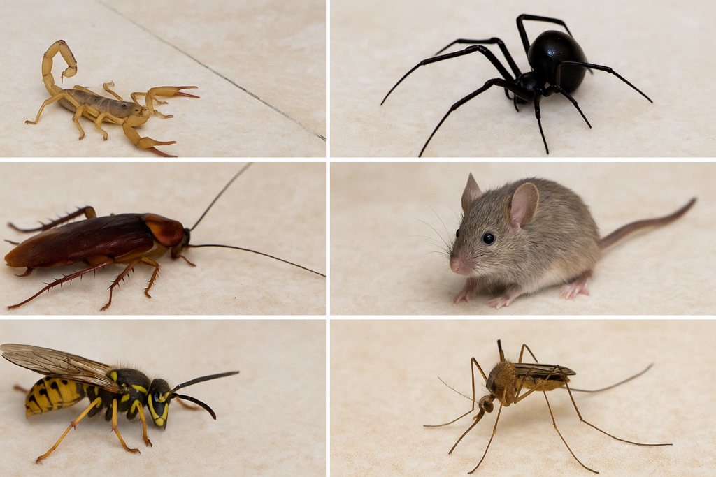 Close-up images of common household pests in Phoenix including scorpion, spider, cockroach, mouse, wasp, and mosquito on tile background