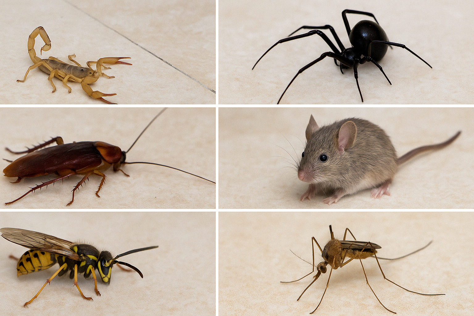 Close-up images of common household pests in Phoenix including scorpion, spider, cockroach, mouse, wasp, and mosquito on tile background